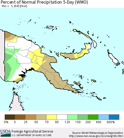 Papua New Guinea Percent of Normal Precipitation 5-Day (WMO) Thematic Map For 3/1/2020 - 3/5/2020