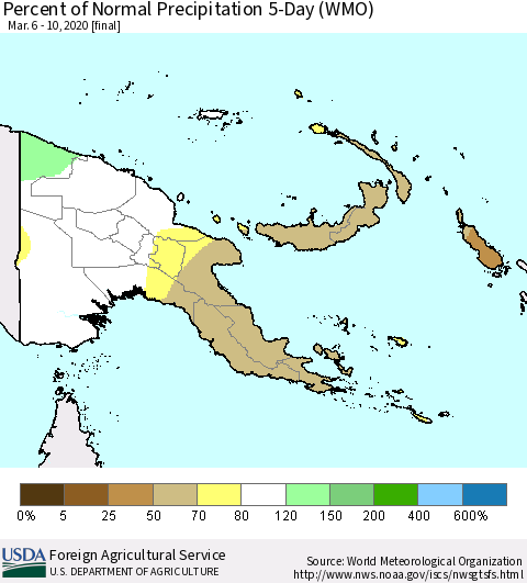 Papua New Guinea Percent of Normal Precipitation 5-Day (WMO) Thematic Map For 3/6/2020 - 3/10/2020