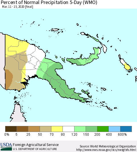 Papua New Guinea Percent of Normal Precipitation 5-Day (WMO) Thematic Map For 3/11/2020 - 3/15/2020