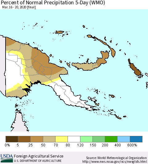 Papua New Guinea Percent of Normal Precipitation 5-Day (WMO) Thematic Map For 3/16/2020 - 3/20/2020