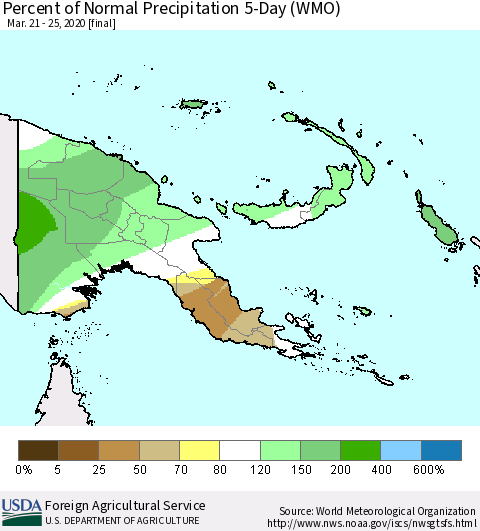 Papua New Guinea Percent of Normal Precipitation 5-Day (WMO) Thematic Map For 3/21/2020 - 3/25/2020