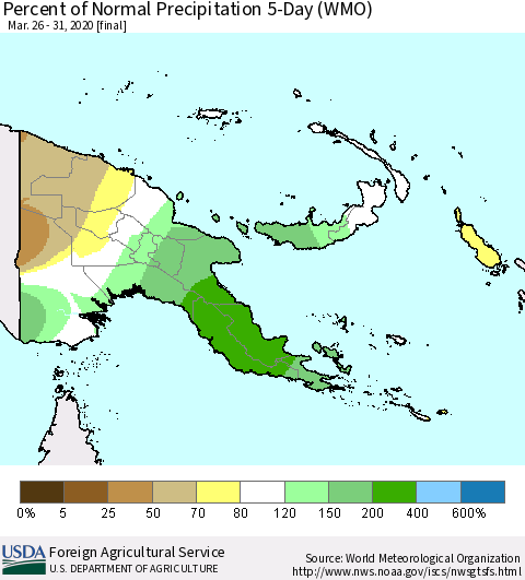 Papua New Guinea Percent of Normal Precipitation 5-Day (WMO) Thematic Map For 3/26/2020 - 3/31/2020