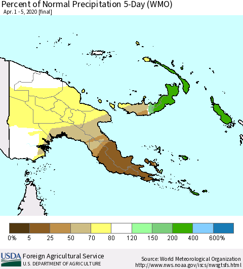 Papua New Guinea Percent of Normal Precipitation 5-Day (WMO) Thematic Map For 4/1/2020 - 4/5/2020