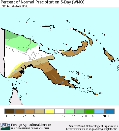 Papua New Guinea Percent of Normal Precipitation 5-Day (WMO) Thematic Map For 4/11/2020 - 4/15/2020