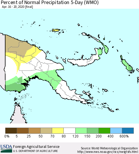 Papua New Guinea Percent of Normal Precipitation 5-Day (WMO) Thematic Map For 4/16/2020 - 4/20/2020