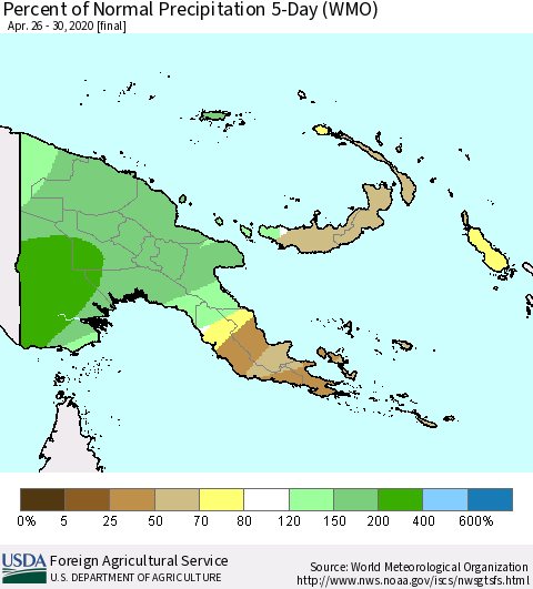 Papua New Guinea Percent of Normal Precipitation 5-Day (WMO) Thematic Map For 4/26/2020 - 4/30/2020