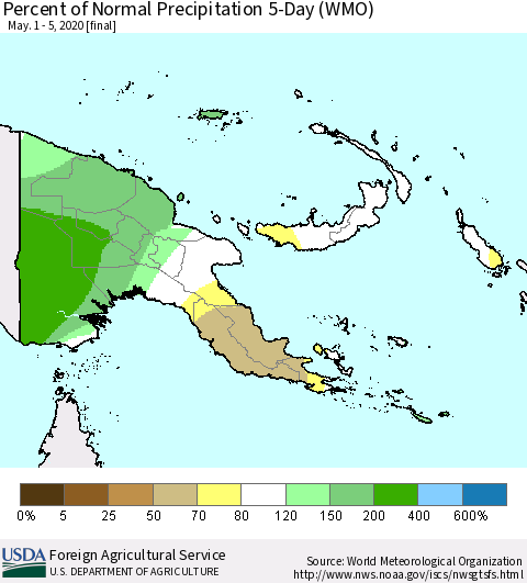 Papua New Guinea Percent of Normal Precipitation 5-Day (WMO) Thematic Map For 5/1/2020 - 5/5/2020