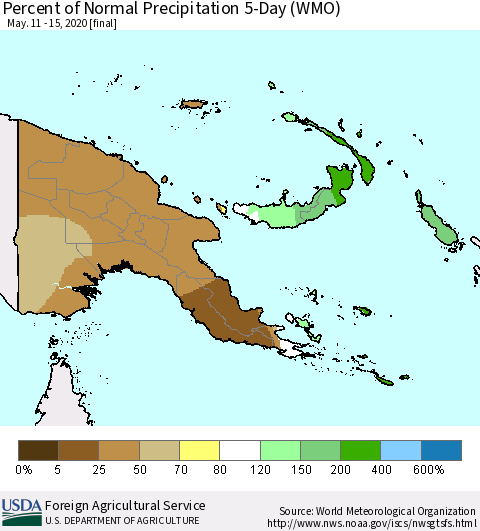 Papua New Guinea Percent of Normal Precipitation 5-Day (WMO) Thematic Map For 5/11/2020 - 5/15/2020