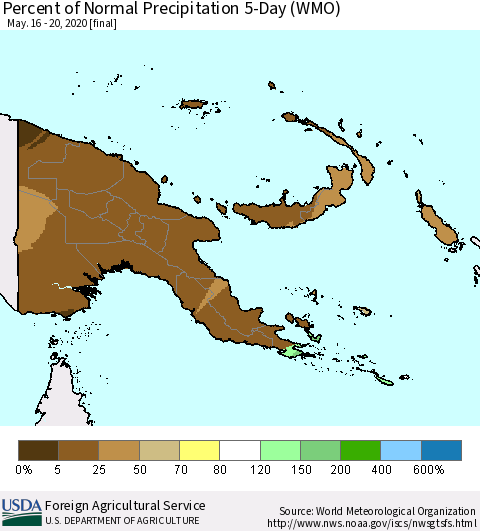 Papua New Guinea Percent of Normal Precipitation 5-Day (WMO) Thematic Map For 5/16/2020 - 5/20/2020