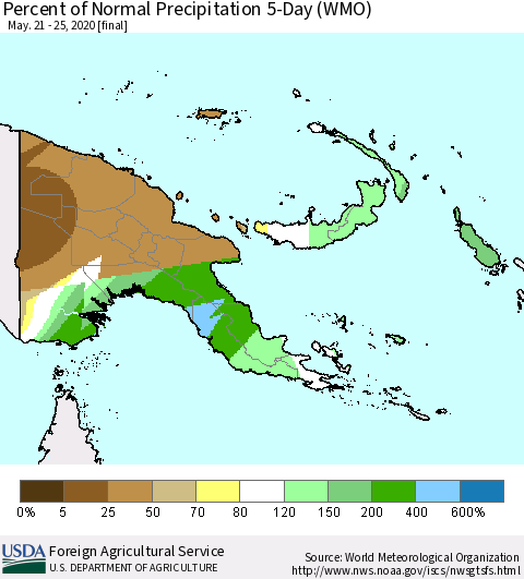 Papua New Guinea Percent of Normal Precipitation 5-Day (WMO) Thematic Map For 5/21/2020 - 5/25/2020
