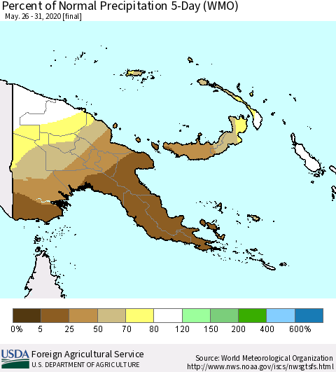 Papua New Guinea Percent of Normal Precipitation 5-Day (WMO) Thematic Map For 5/26/2020 - 5/31/2020