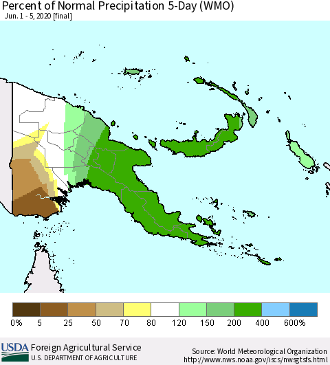Papua New Guinea Percent of Normal Precipitation 5-Day (WMO) Thematic Map For 6/1/2020 - 6/5/2020