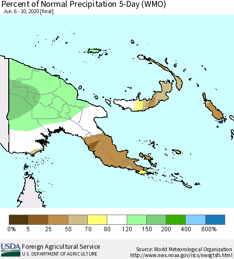 Papua New Guinea Percent of Normal Precipitation 5-Day (WMO) Thematic Map For 6/6/2020 - 6/10/2020