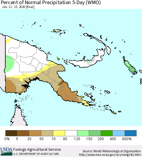 Papua New Guinea Percent of Normal Precipitation 5-Day (WMO) Thematic Map For 6/11/2020 - 6/15/2020