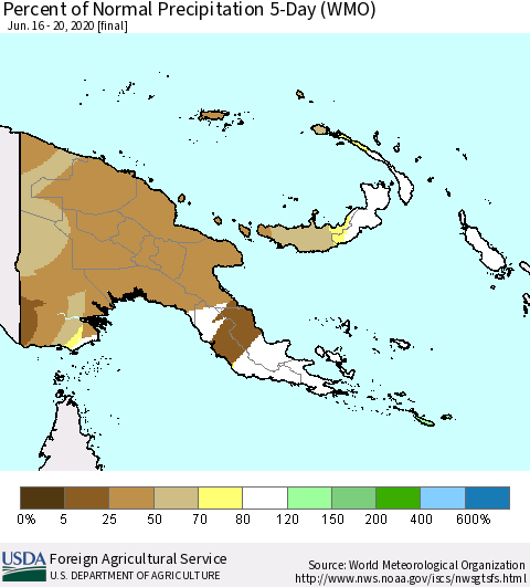 Papua New Guinea Percent of Normal Precipitation 5-Day (WMO) Thematic Map For 6/16/2020 - 6/20/2020