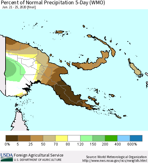 Papua New Guinea Percent of Normal Precipitation 5-Day (WMO) Thematic Map For 6/21/2020 - 6/25/2020