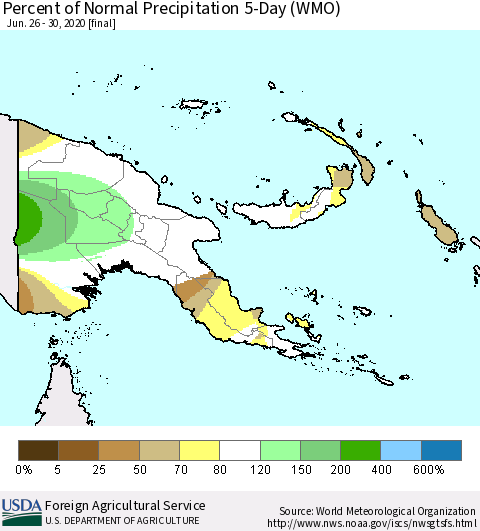 Papua New Guinea Percent of Normal Precipitation 5-Day (WMO) Thematic Map For 6/26/2020 - 6/30/2020
