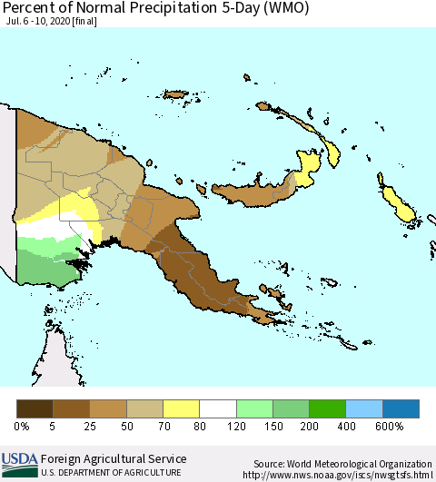 Papua New Guinea Percent of Normal Precipitation 5-Day (WMO) Thematic Map For 7/6/2020 - 7/10/2020