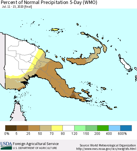 Papua New Guinea Percent of Normal Precipitation 5-Day (WMO) Thematic Map For 7/11/2020 - 7/15/2020