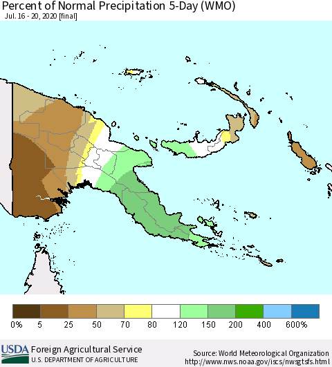 Papua New Guinea Percent of Normal Precipitation 5-Day (WMO) Thematic Map For 7/16/2020 - 7/20/2020