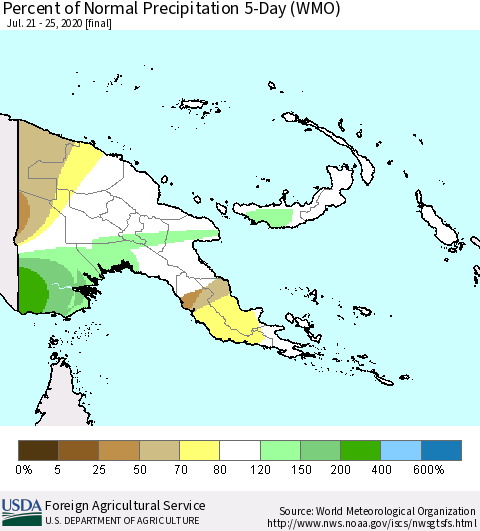 Papua New Guinea Percent of Normal Precipitation 5-Day (WMO) Thematic Map For 7/21/2020 - 7/25/2020