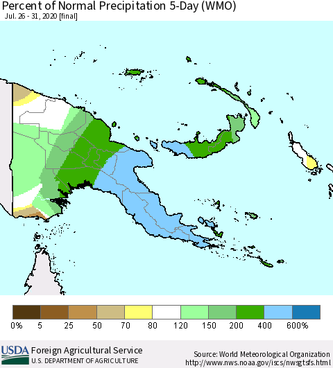 Papua New Guinea Percent of Normal Precipitation 5-Day (WMO) Thematic Map For 7/26/2020 - 7/31/2020