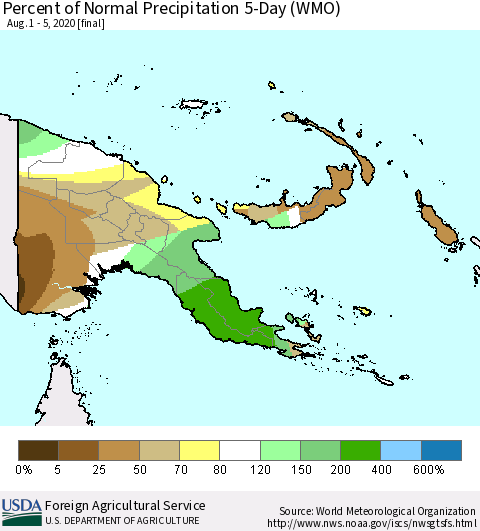 Papua New Guinea Percent of Normal Precipitation 5-Day (WMO) Thematic Map For 8/1/2020 - 8/5/2020