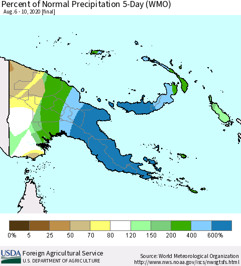 Papua New Guinea Percent of Normal Precipitation 5-Day (WMO) Thematic Map For 8/6/2020 - 8/10/2020