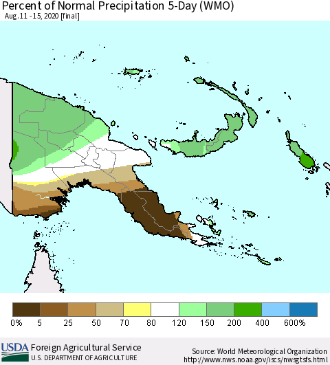Papua New Guinea Percent of Normal Precipitation 5-Day (WMO) Thematic Map For 8/11/2020 - 8/15/2020