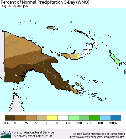 Papua New Guinea Percent of Normal Precipitation 5-Day (WMO) Thematic Map For 8/16/2020 - 8/20/2020