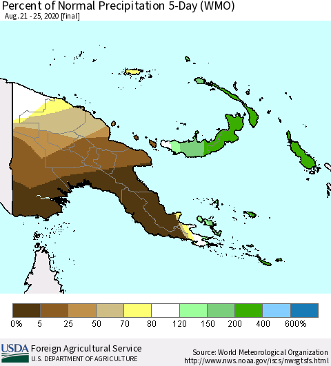 Papua New Guinea Percent of Normal Precipitation 5-Day (WMO) Thematic Map For 8/21/2020 - 8/25/2020