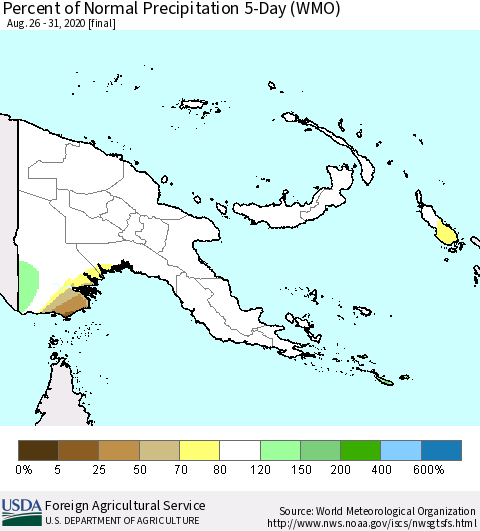 Papua New Guinea Percent of Normal Precipitation 5-Day (WMO) Thematic Map For 8/26/2020 - 8/31/2020