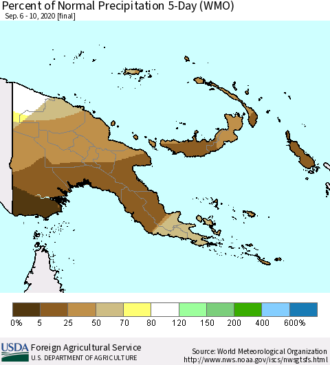 Papua New Guinea Percent of Normal Precipitation 5-Day (WMO) Thematic Map For 9/6/2020 - 9/10/2020