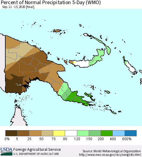 Papua New Guinea Percent of Normal Precipitation 5-Day (WMO) Thematic Map For 9/11/2020 - 9/15/2020