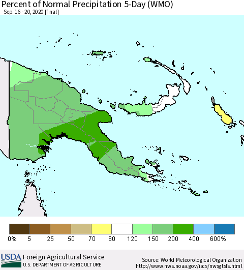 Papua New Guinea Percent of Normal Precipitation 5-Day (WMO) Thematic Map For 9/16/2020 - 9/20/2020