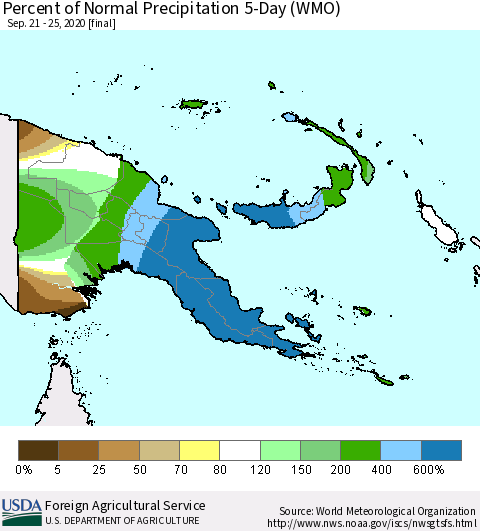 Papua New Guinea Percent of Normal Precipitation 5-Day (WMO) Thematic Map For 9/21/2020 - 9/25/2020
