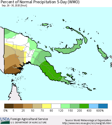 Papua New Guinea Percent of Normal Precipitation 5-Day (WMO) Thematic Map For 9/26/2020 - 9/30/2020