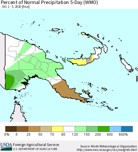 Papua New Guinea Percent of Normal Precipitation 5-Day (WMO) Thematic Map For 10/1/2020 - 10/5/2020