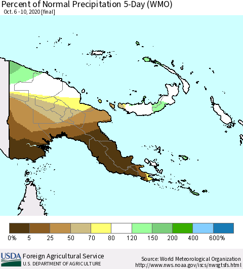 Papua New Guinea Percent of Normal Precipitation 5-Day (WMO) Thematic Map For 10/6/2020 - 10/10/2020
