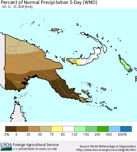 Papua New Guinea Percent of Normal Precipitation 5-Day (WMO) Thematic Map For 10/11/2020 - 10/15/2020
