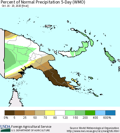 Papua New Guinea Percent of Normal Precipitation 5-Day (WMO) Thematic Map For 10/16/2020 - 10/20/2020