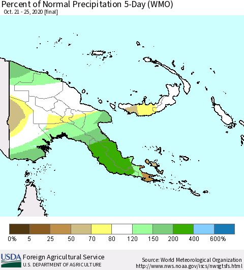 Papua New Guinea Percent of Normal Precipitation 5-Day (WMO) Thematic Map For 10/21/2020 - 10/25/2020