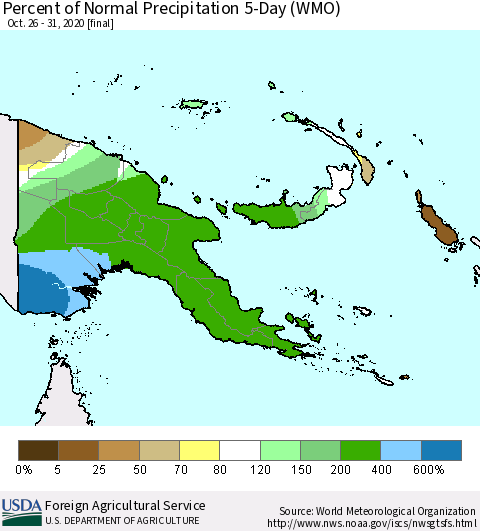 Papua New Guinea Percent of Normal Precipitation 5-Day (WMO) Thematic Map For 10/26/2020 - 10/31/2020