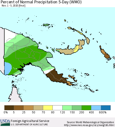 Papua New Guinea Percent of Normal Precipitation 5-Day (WMO) Thematic Map For 11/1/2020 - 11/5/2020