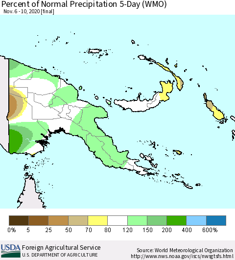 Papua New Guinea Percent of Normal Precipitation 5-Day (WMO) Thematic Map For 11/6/2020 - 11/10/2020