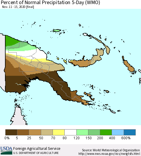 Papua New Guinea Percent of Normal Precipitation 5-Day (WMO) Thematic Map For 11/11/2020 - 11/15/2020
