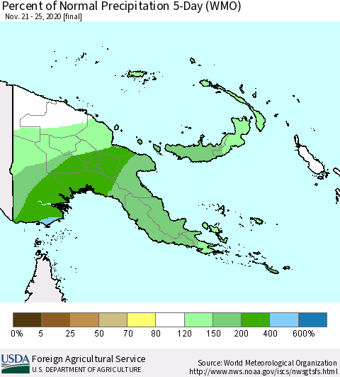 Papua New Guinea Percent of Normal Precipitation 5-Day (WMO) Thematic Map For 11/21/2020 - 11/25/2020