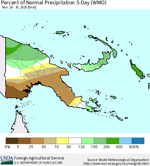 Papua New Guinea Percent of Normal Precipitation 5-Day (WMO) Thematic Map For 11/26/2020 - 11/30/2020