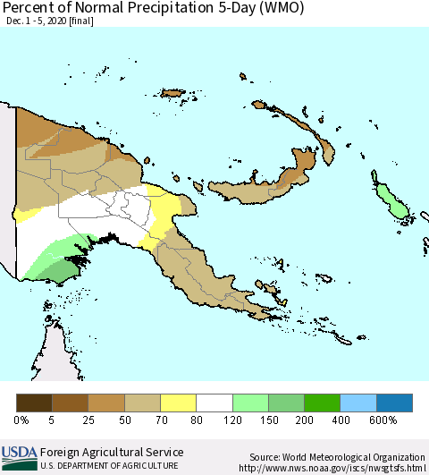 Papua New Guinea Percent of Normal Precipitation 5-Day (WMO) Thematic Map For 12/1/2020 - 12/5/2020