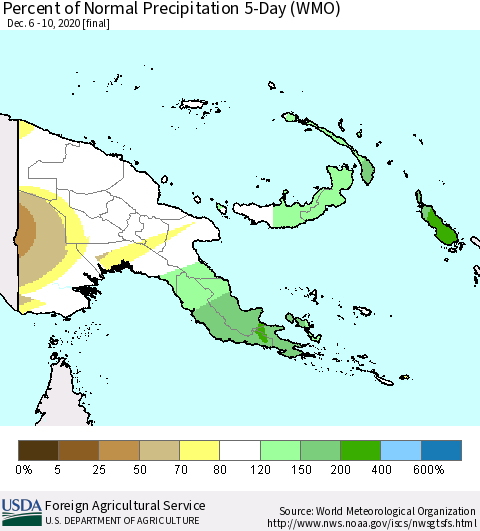 Papua New Guinea Percent of Normal Precipitation 5-Day (WMO) Thematic Map For 12/6/2020 - 12/10/2020